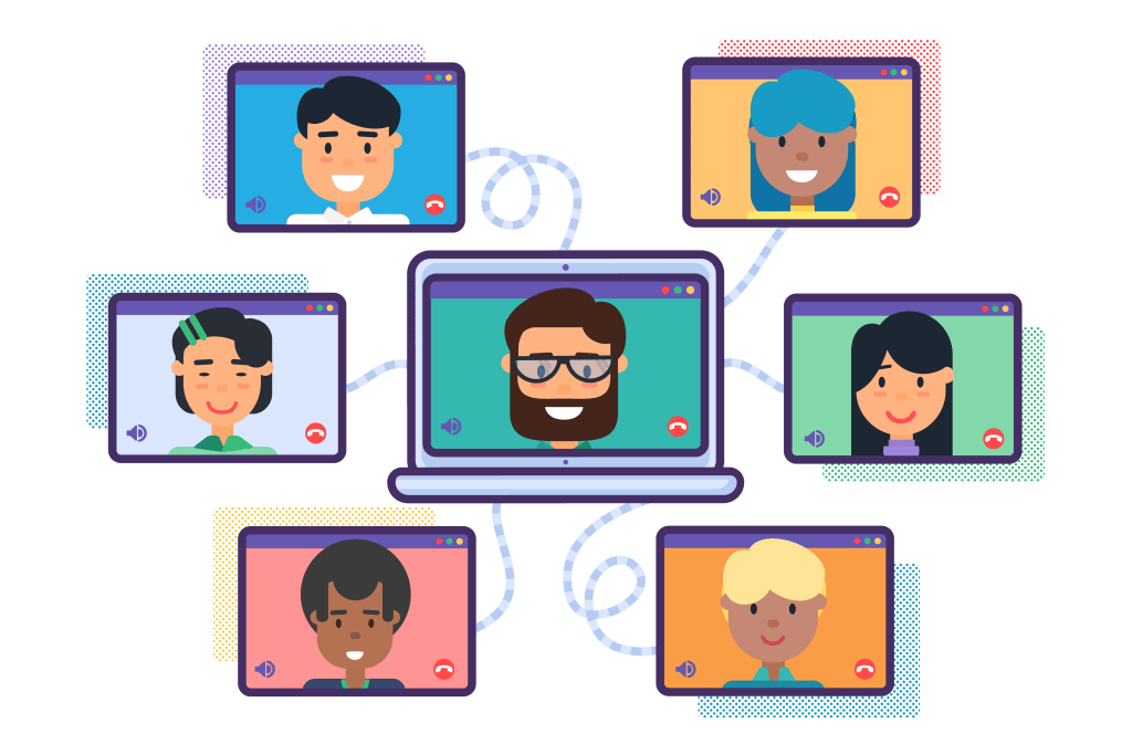 Many faces in various computer screens having fun at a Local 1857 union meeting